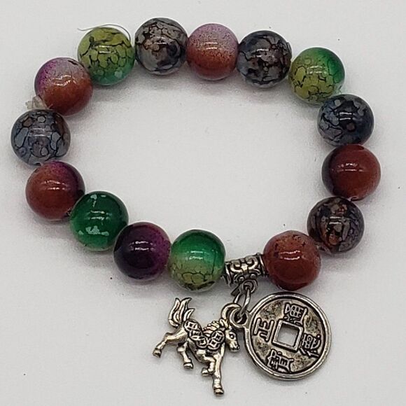 Vintage Glass Beaded Dark Green Choker Necklace and Multicoloured Charm Bracelet - Picture 6 of 10